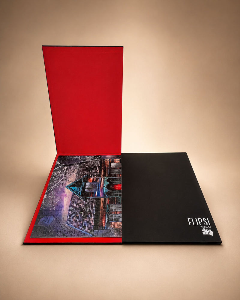 Building a Flipsi puzzle on the Board's red velvet surface