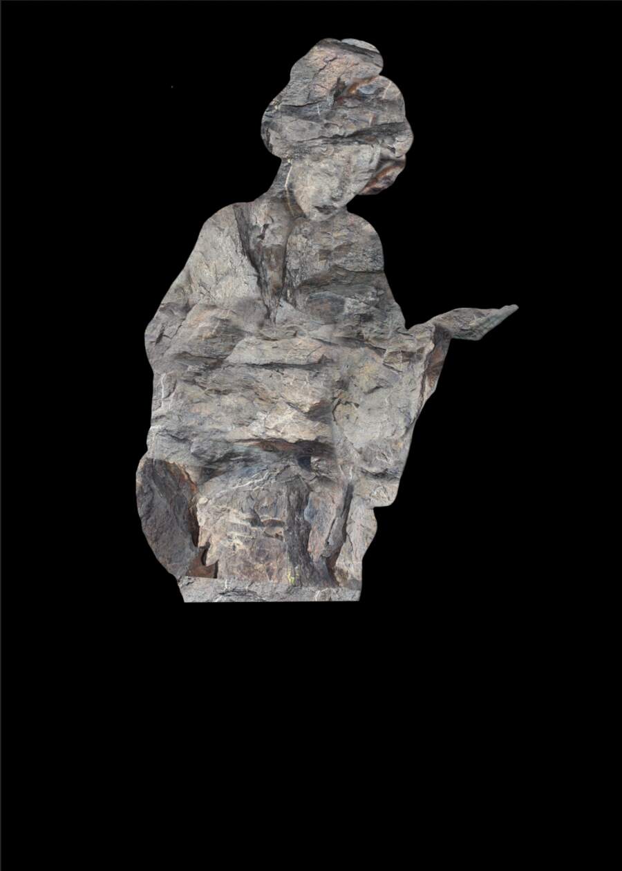 Save one of the artwork: a robed stone figure cut out on a black canvas, already reshaped, with a first pass at a head and an outstretched hand.