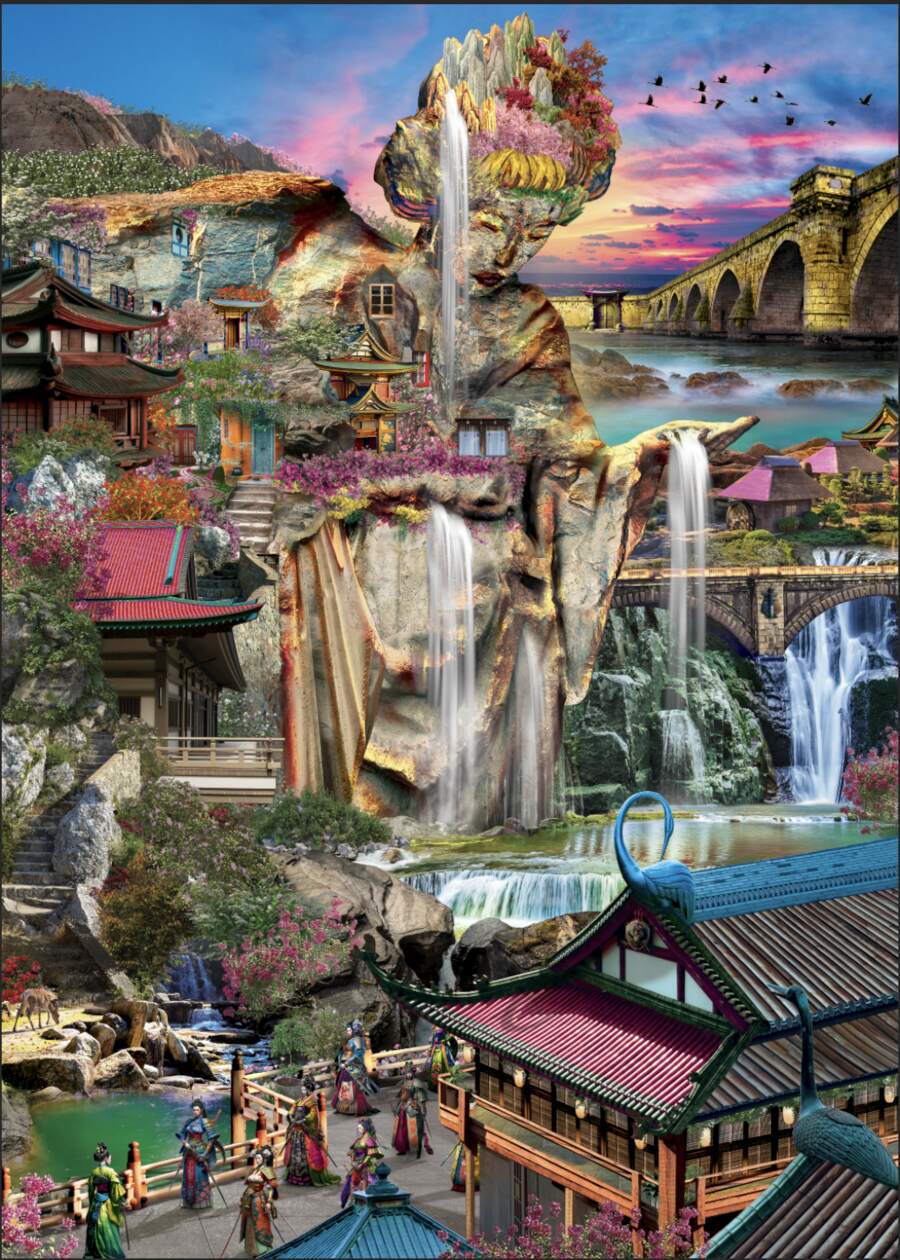 The finished Enchanted Falls artwork: a giant stone geisha built into a waterfall city.