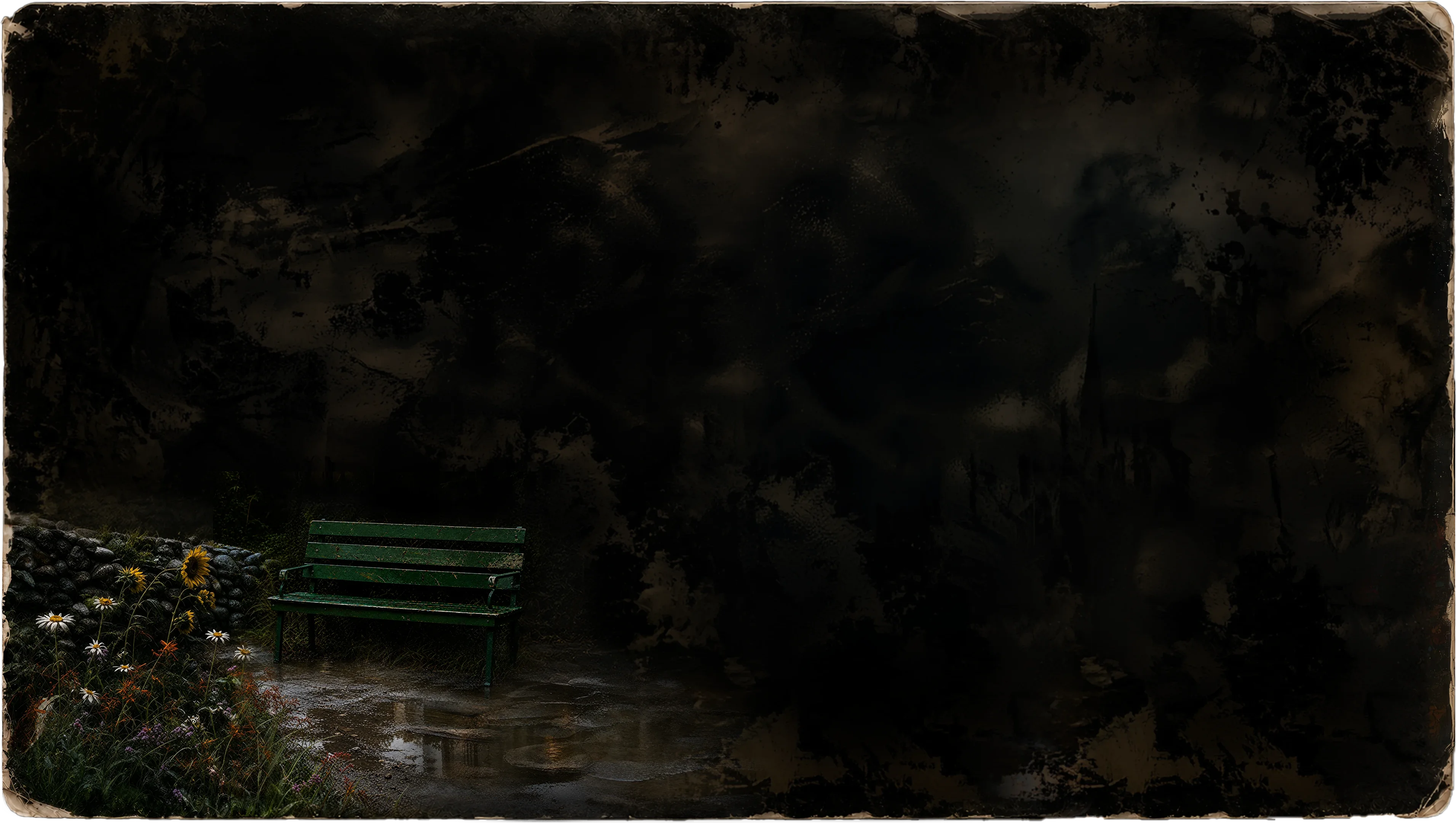 A bench and wildflowers at the edge of one of the three places