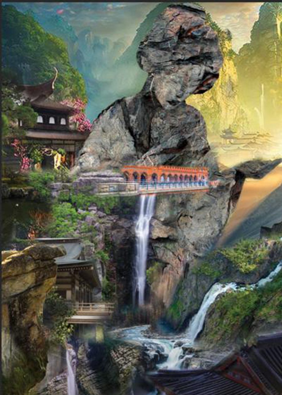 An early working file: a rock figure in the shape of a woman, closely cropped, with a red arcaded bridge running across her waist and waterfalls behind her.