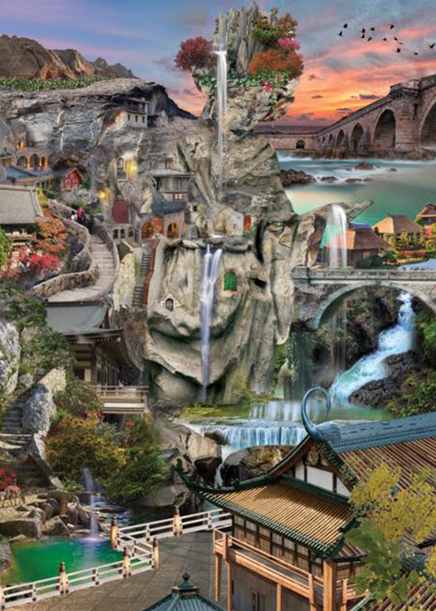 A working file zoomed out to the full composition: the rock figure at the centre, cliffs and staircases on the left, a stone bridge and water on the right.