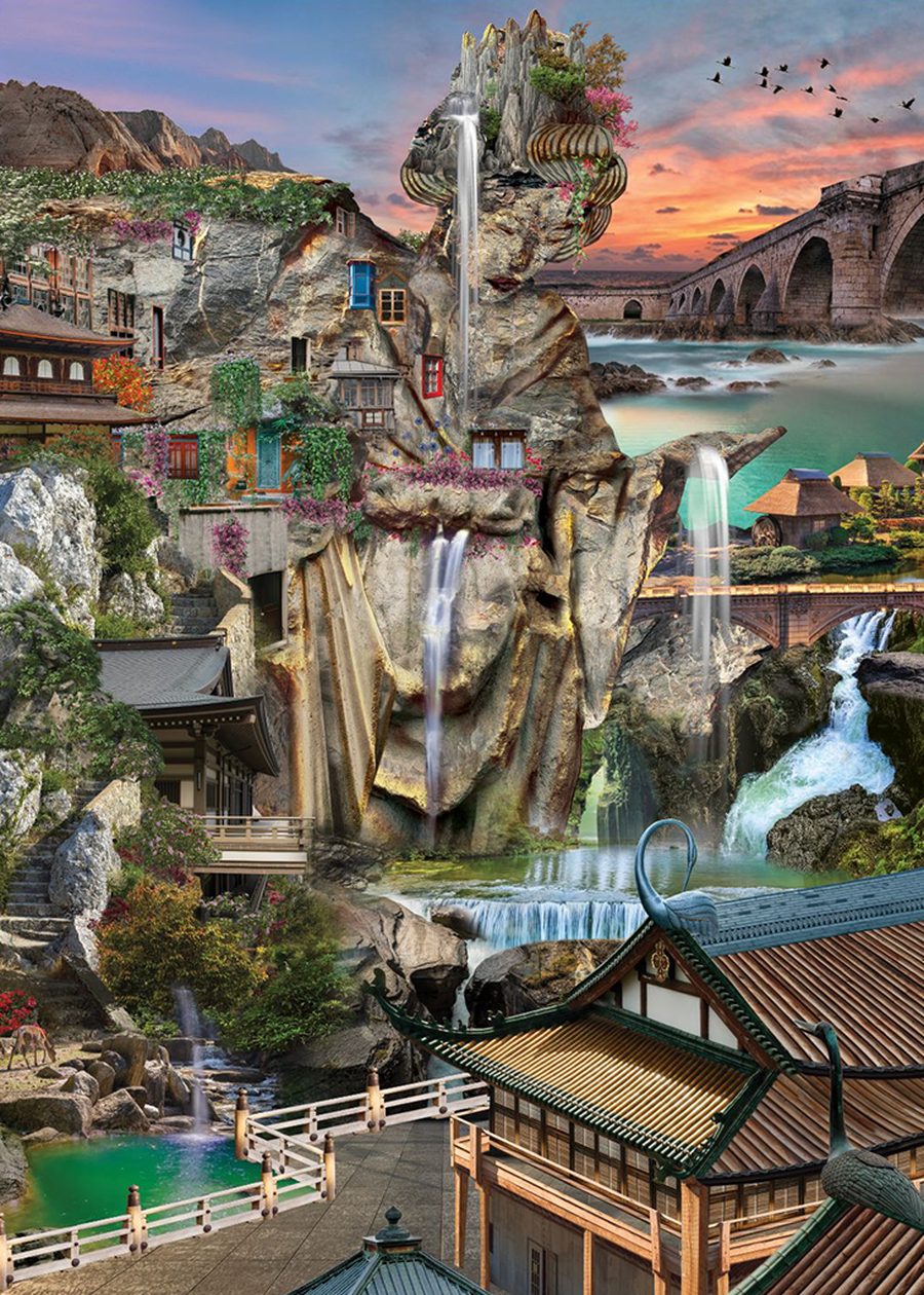 A working file with the dress now reading as folded fabric, and doors and windows set into the cliff face on the left.