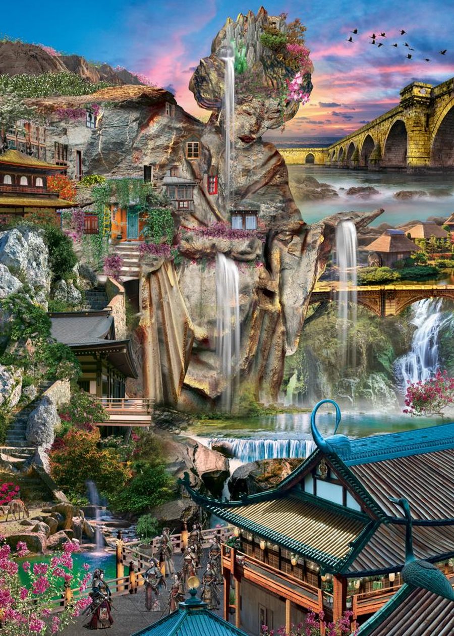 A working file close to the finished composition: buildings worked back into the cliff, blossom, and small figures gathered on the walkway at the bottom.