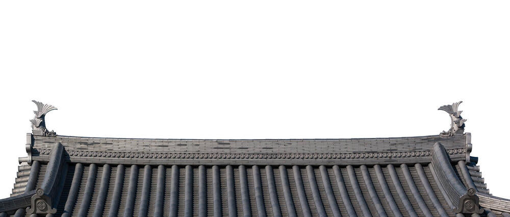 Source photograph: a temple roof cut out on a white background.
