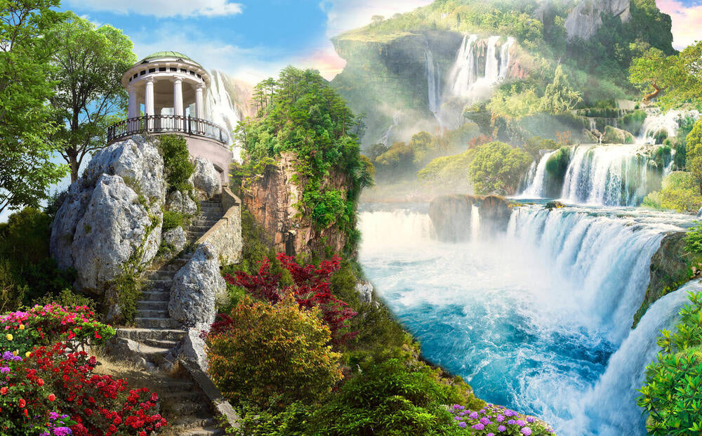 Source image: a stone staircase climbing a cliff between flowering plants, with a pavilion above and waterfalls behind.