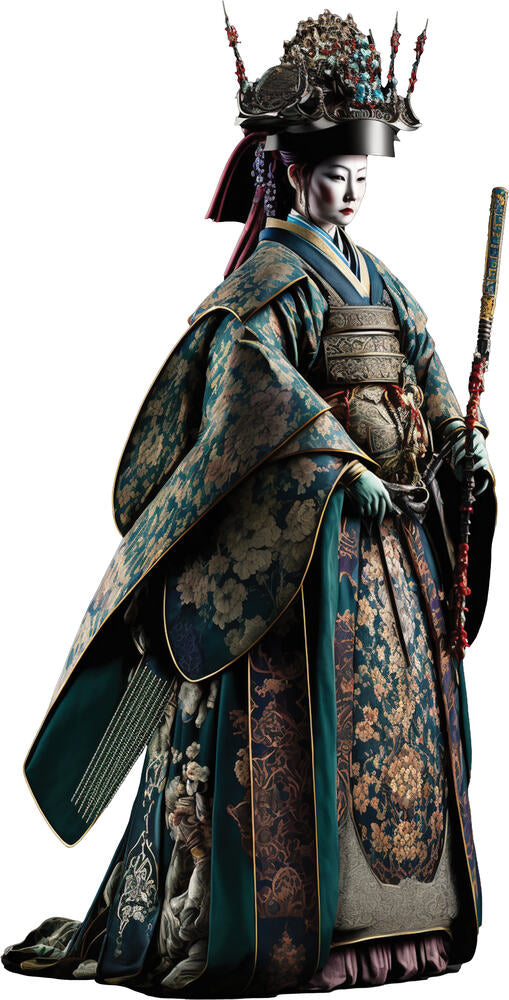 An AI generated warrior geisha in armoured robes holding a blade, cut out on a white background.