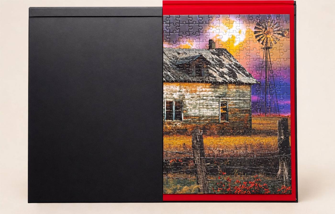 The Board's red-lined cover closing over a finished puzzle
