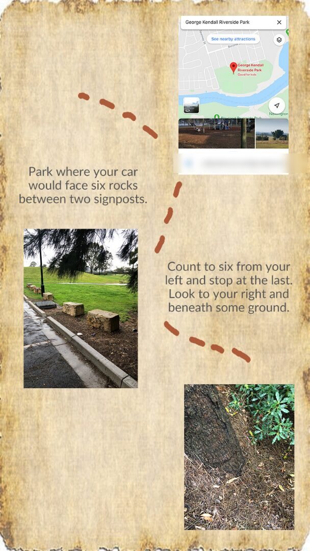 “Park where your car would face six rocks between two signposts.”
