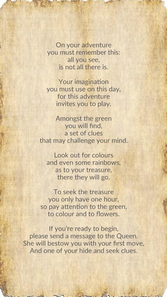 A clue card on aged paper, beginning: on your adventure you must remember this, all you see is not all there is.