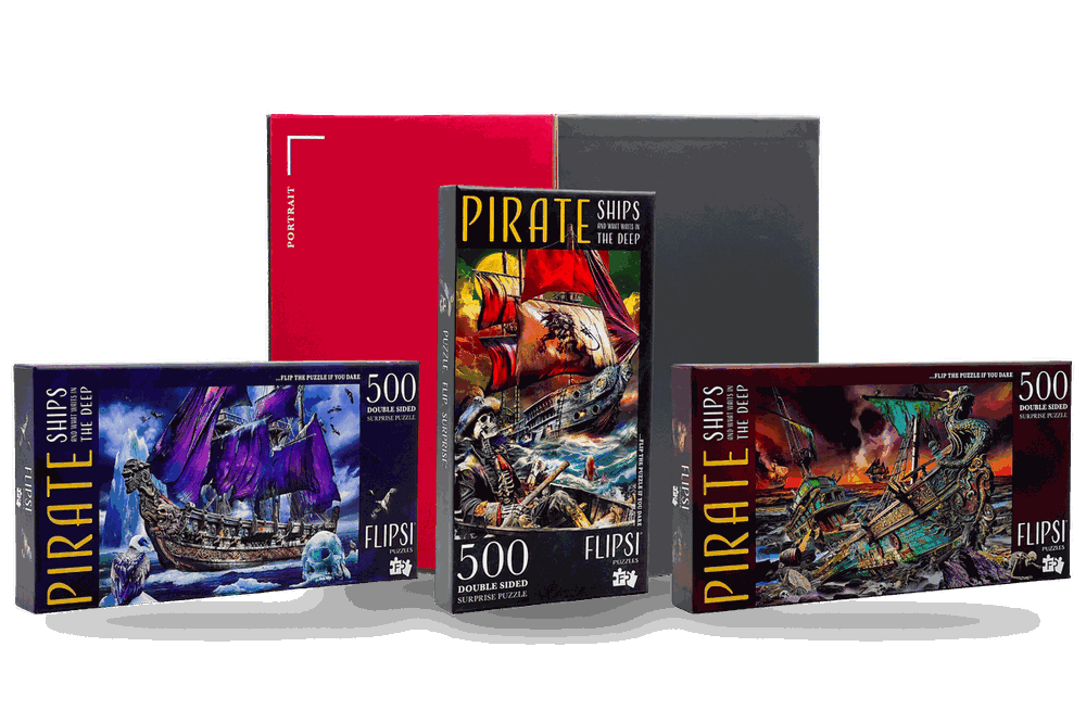 Three Flipsi puzzle boxes with the Flipsi Board