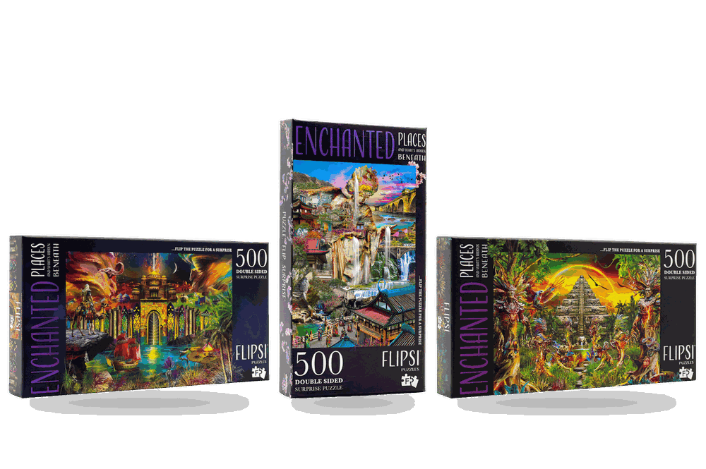 Three Flipsi puzzle boxes from one story world